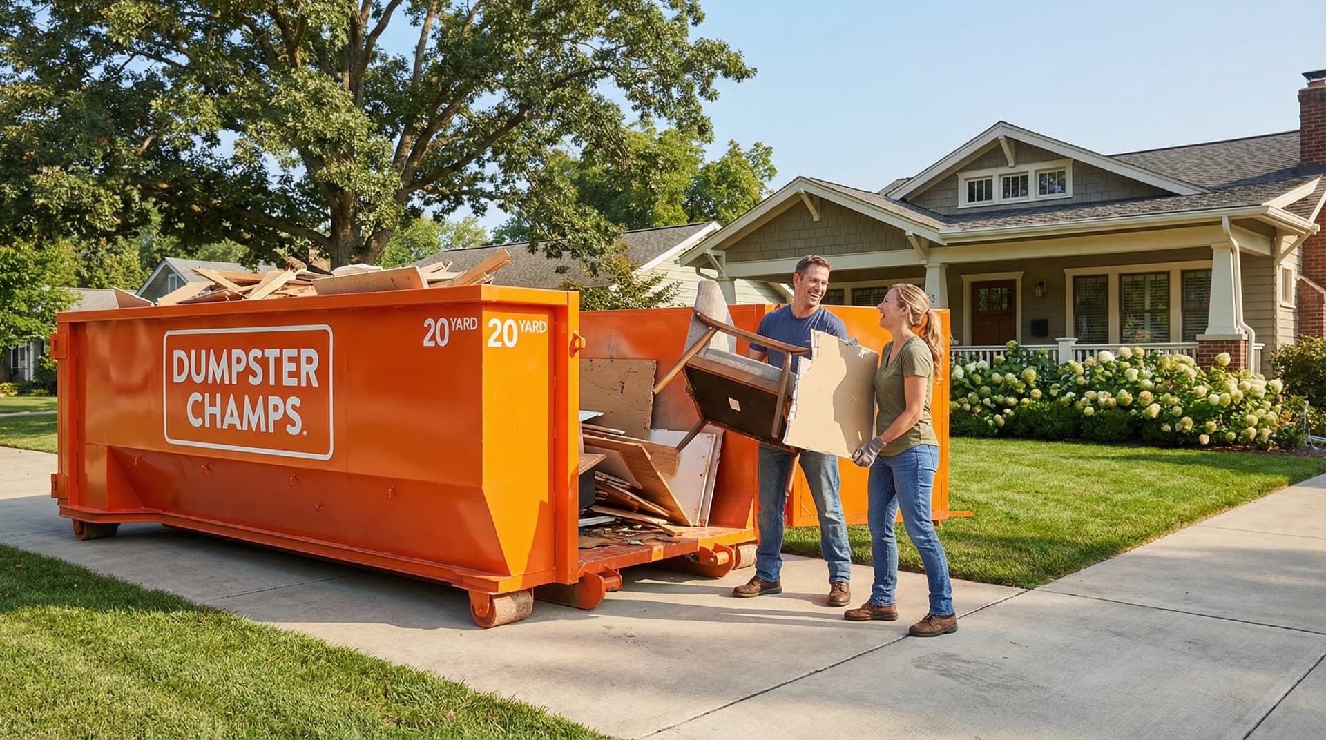 Roll-off dumpster truck delivering dumpster to home