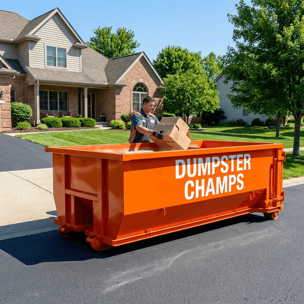 Roll-off dumpster being delivered to residential driveway